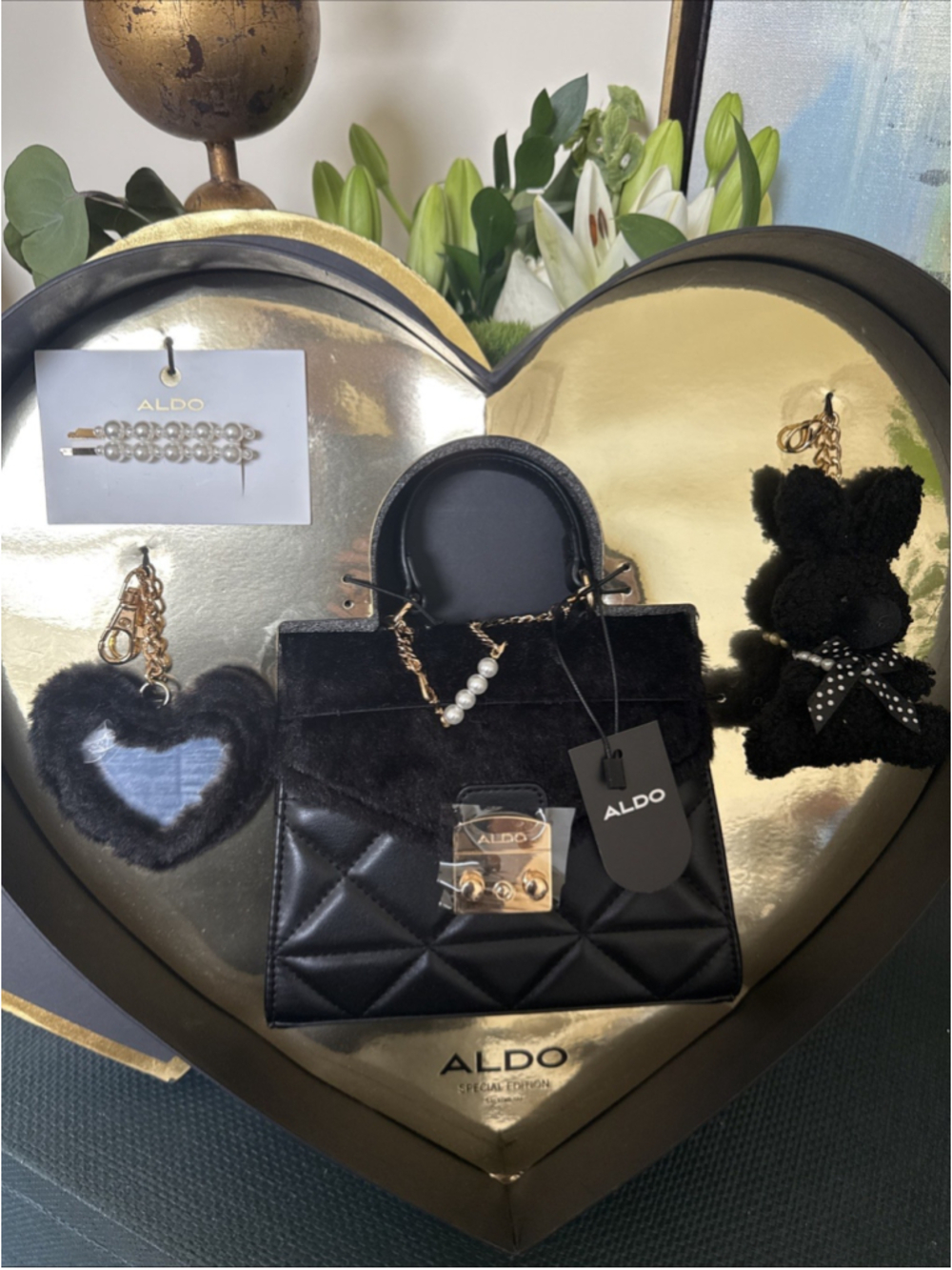 ALDO Rossy Quilted Heart Mini Bag 2pc Pearl Hair Set
